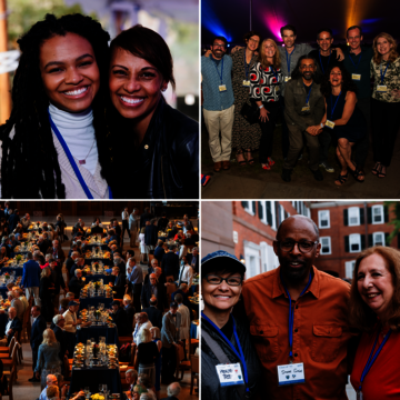 Photo: A collage of images from 2022 Yale College Reunions, including people posting in campus settings, under the tent, and at a class dinner.