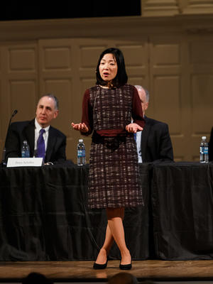 Professor Akiko Iwasaki speaks to the crowd during the 2018 YAA Assembly and Yale Alumni Fund Convocation.