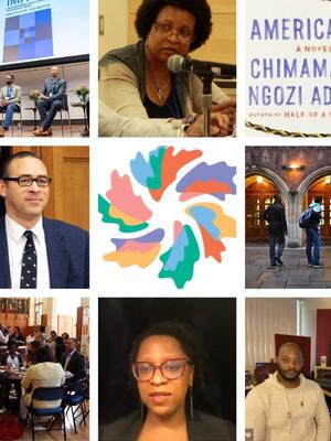 A collage of images of books, articles, speakers, and more on combating racism and advancing equality and justice